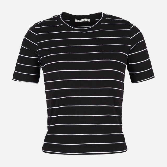 WOMEN RIBBED STRIPE T-SHIRT SHORT SLEEVE