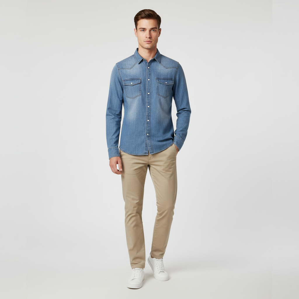 Men Long Sleeve Slub Denim Shirt