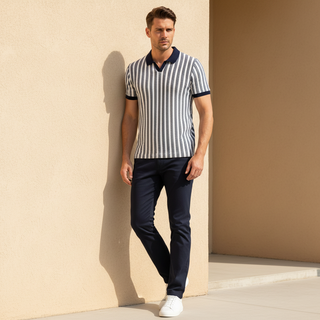 Men Striped Polo T-Shirt Short Sleeve