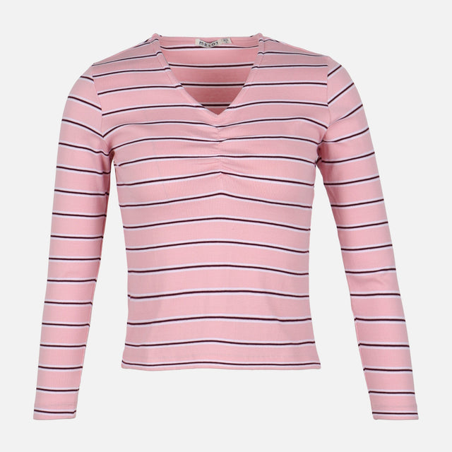 WOMEN RIBBED STRIPE T-SHIRT LONG SLEEVE 