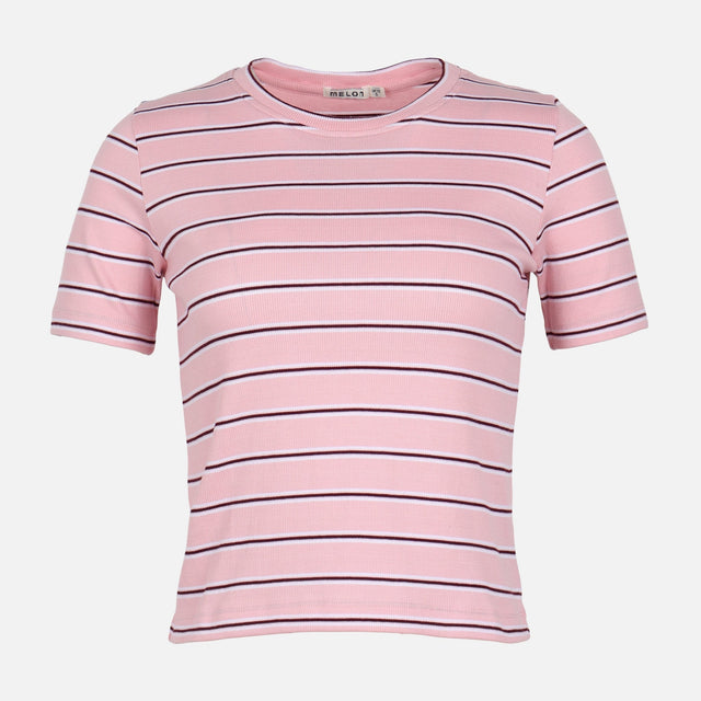 WOMEN RIBBED STRIPE T-SHIRT SHORT SLEEVE 