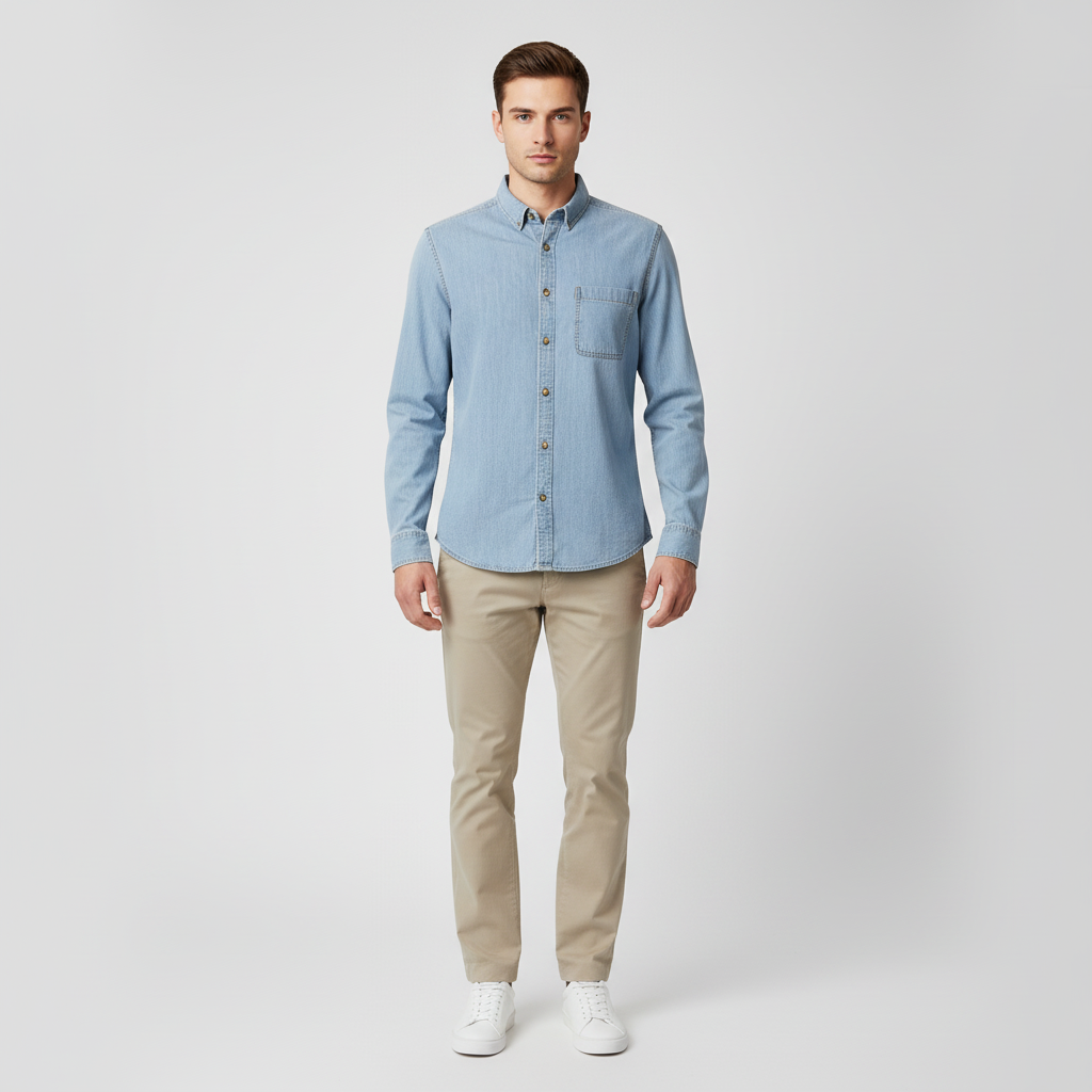Men Long Sleeve Slub Denim Shirt With Pocket