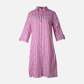 Women 3/4 Sleevr Linen Blend Shirt Stripe Dress