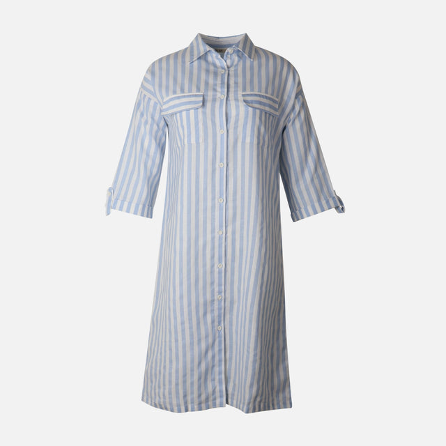 Women 3/4 Sleevr Linen Blend Shirt Stripe Dress