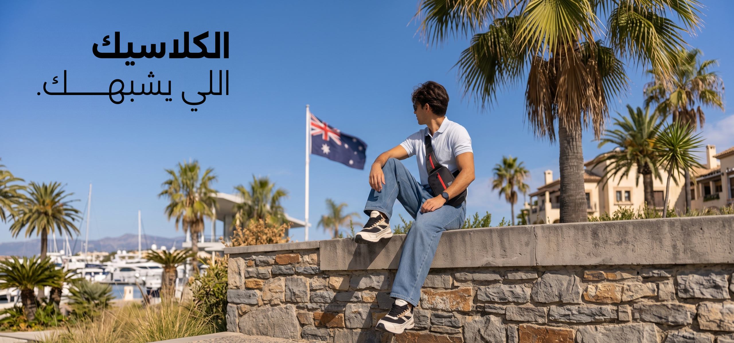رجل يرتدي بولو أزرق فاتح وحقيبة كتف من ميلون. أناقتك الخاصة.